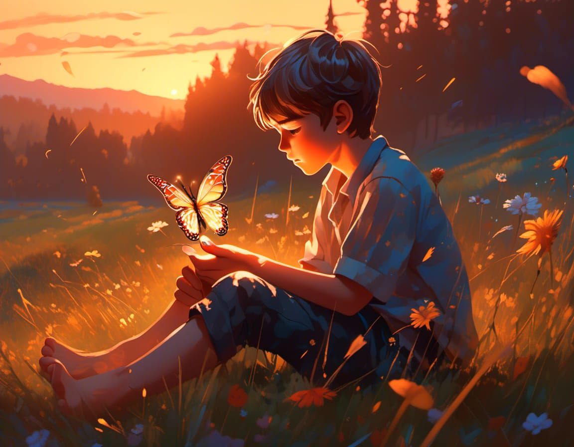 Boy Gazing at Glowing Butterfly in Golden Meadow