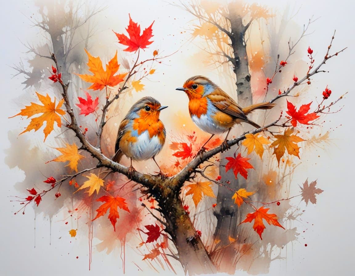 Golden Autumn Forest Robin on Maple Branch