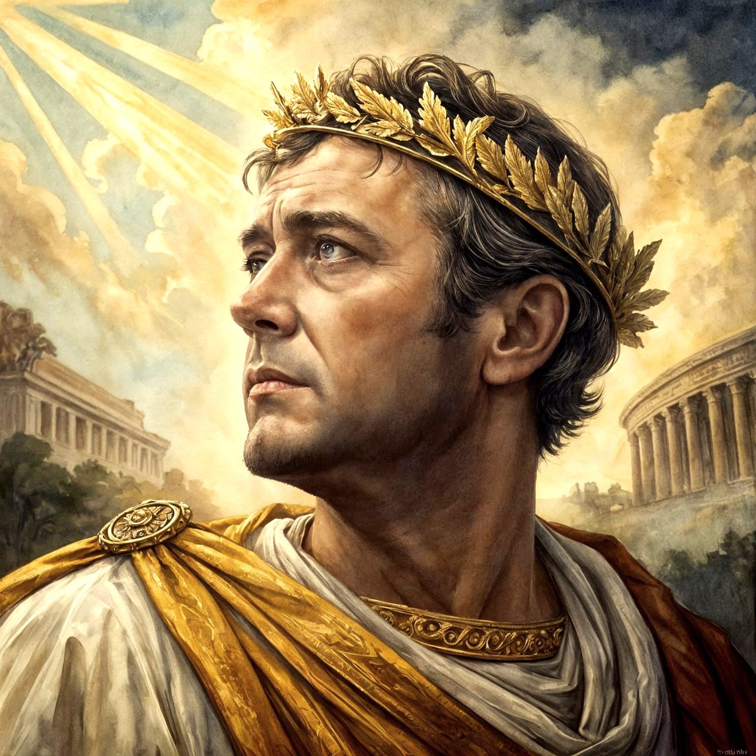 Roman Nobleman Portrait in Watercolor and Ink