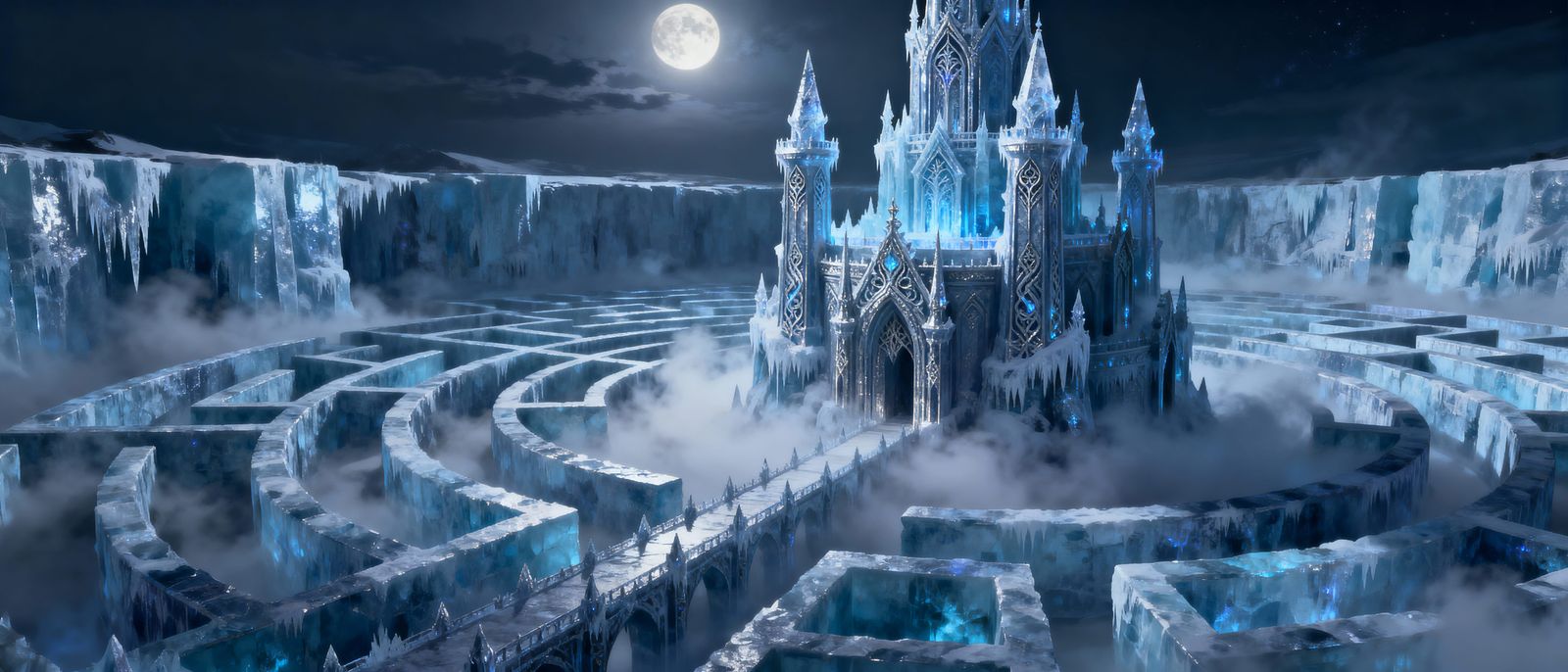Magical Ice Palace Castle in a Giant Maze at Night