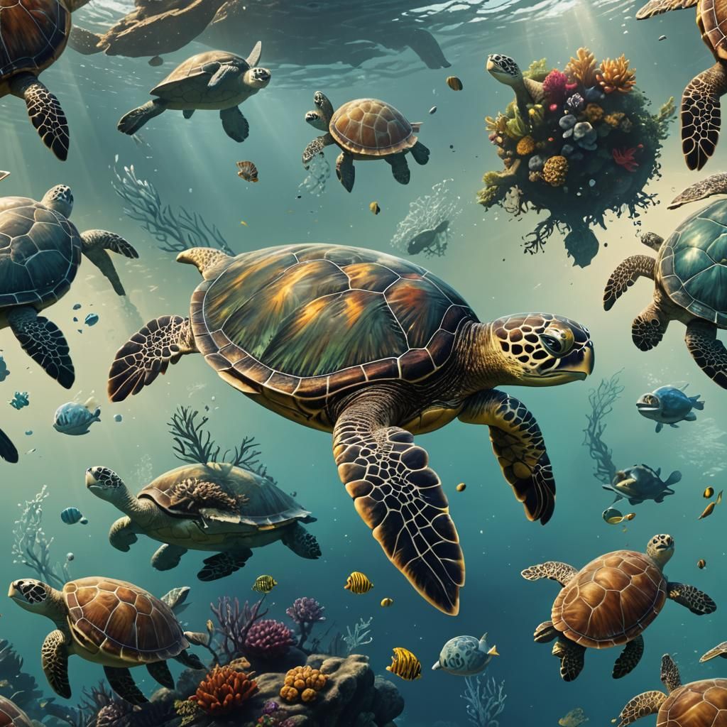 Fantastical Sea Turtle Matte Painting in Deep Color
