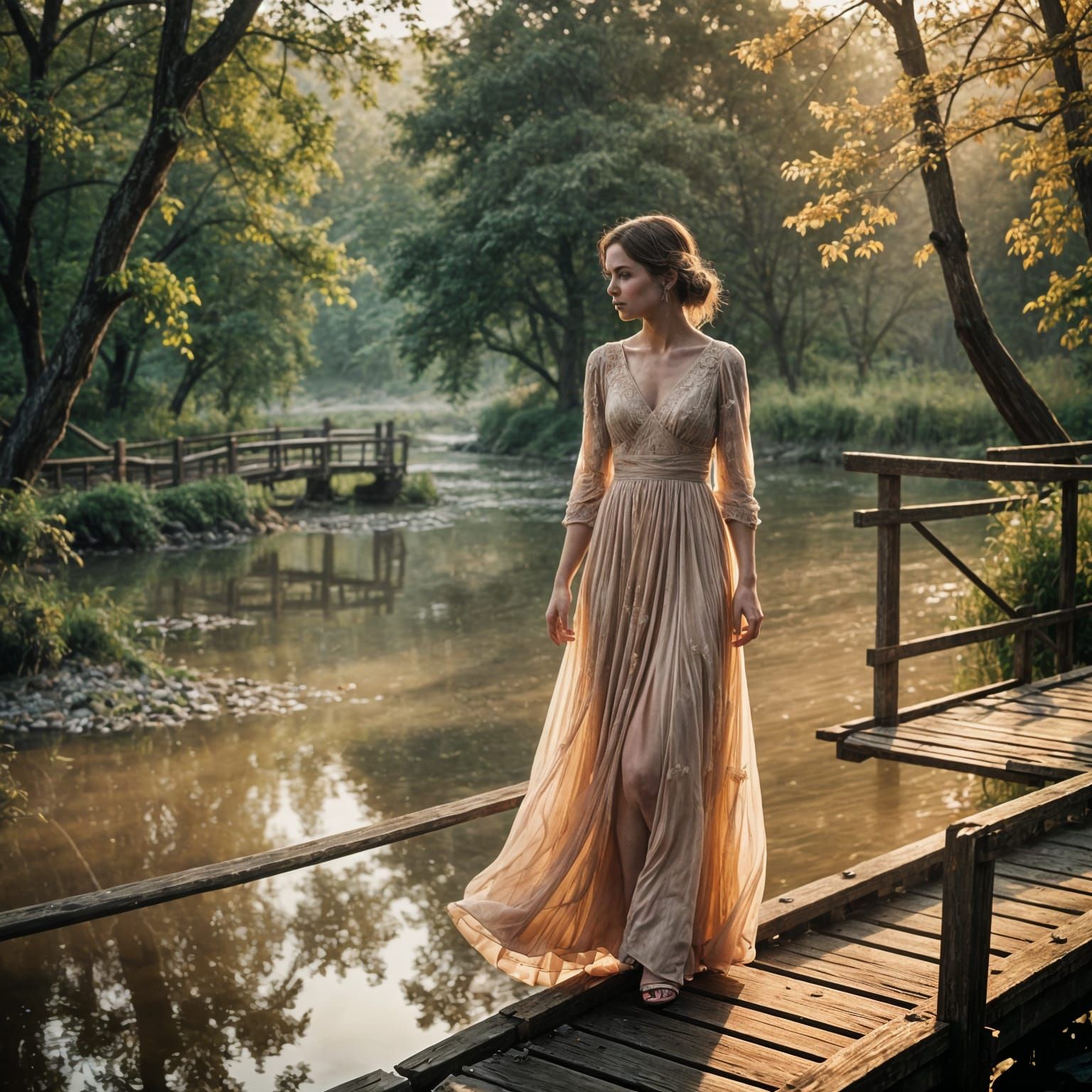 Woman in Chiffon Dress on Bridge at Sunset