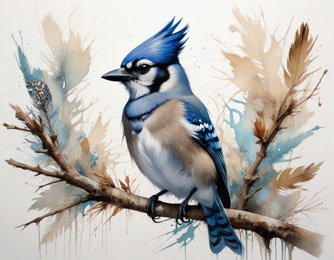 Juvenile Blue Jay with Cobalt Crest, Watercolour Art