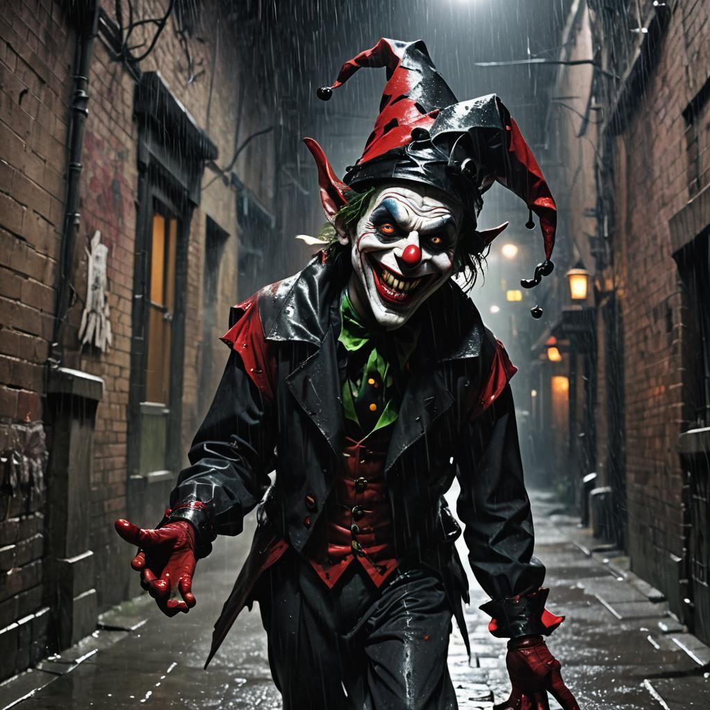 Menacing Jester in Rainy Alley: A Film Noir Scene