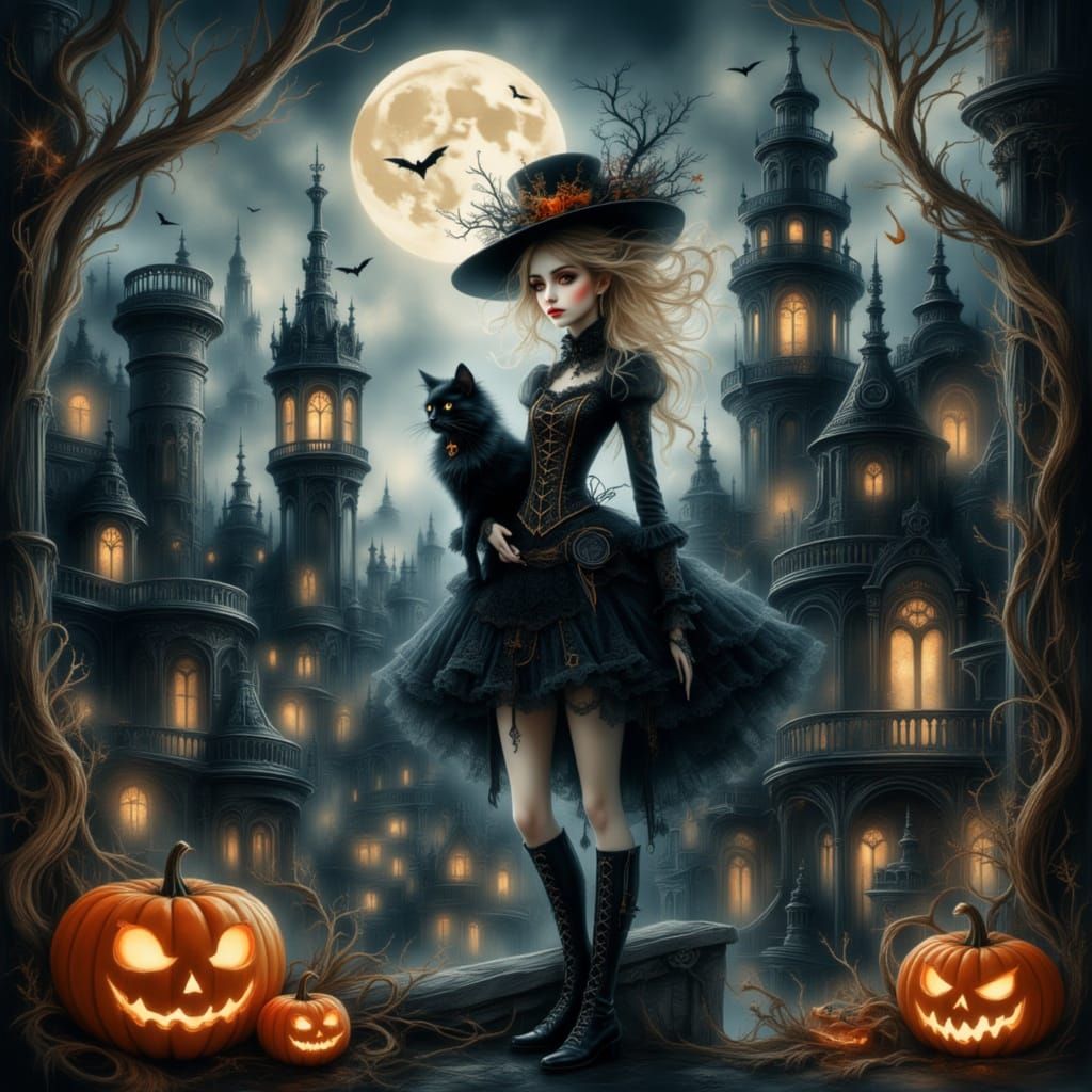Whimsical Witch and Cat on Rooftop on Halloween Night
