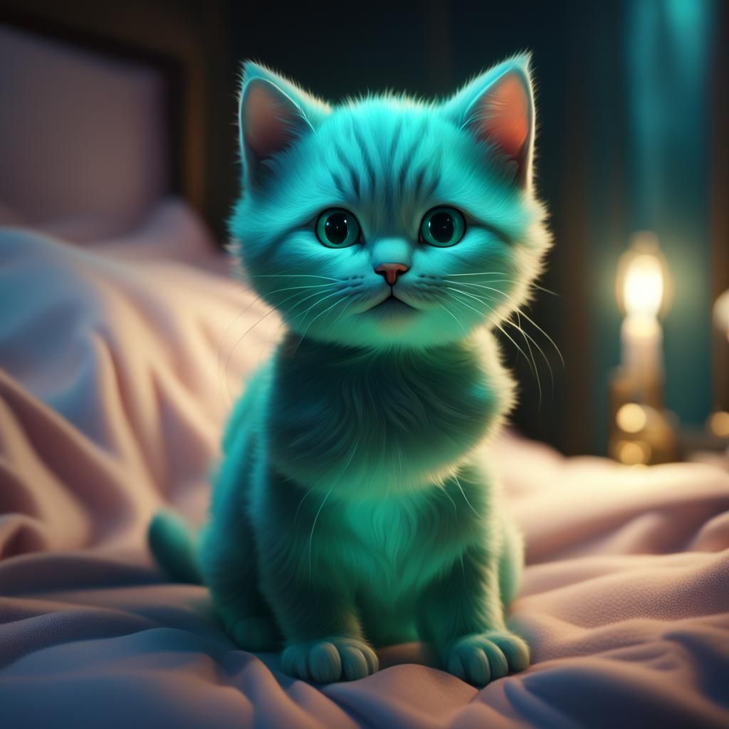 Elegant Teal Glowing Cat in Bedroom, Digital Art