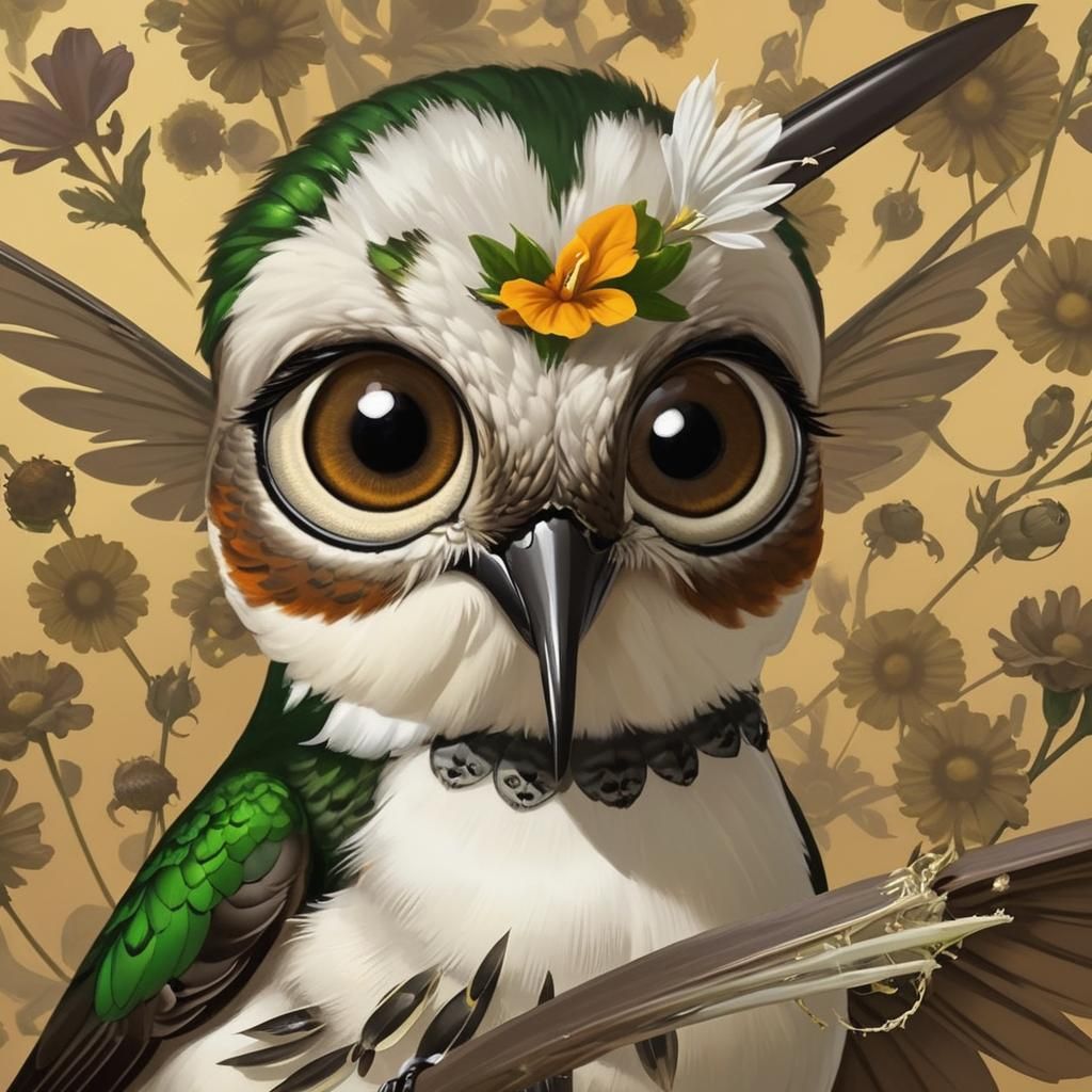 Hummingbird and Bugs Sip Nectar, Eye Contact