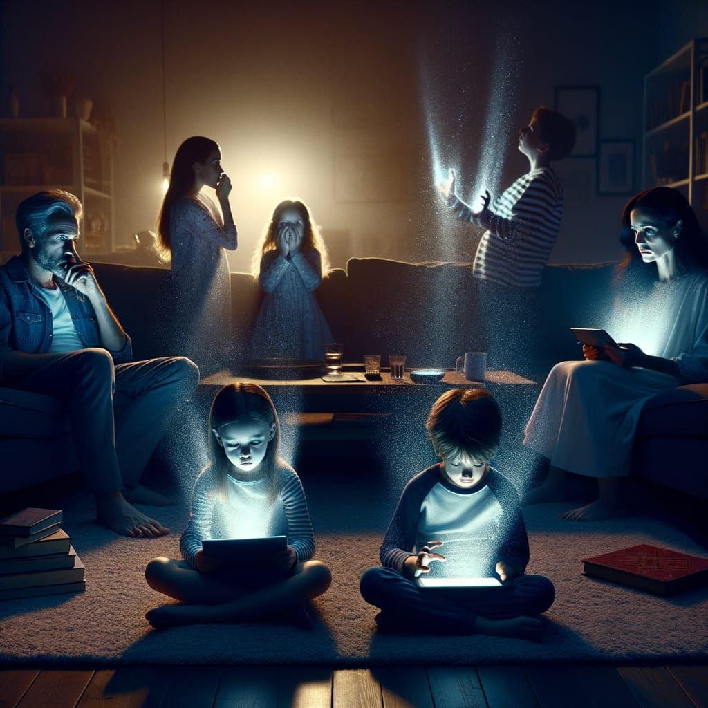 Children Captivated by Screens in Dim Living Room
