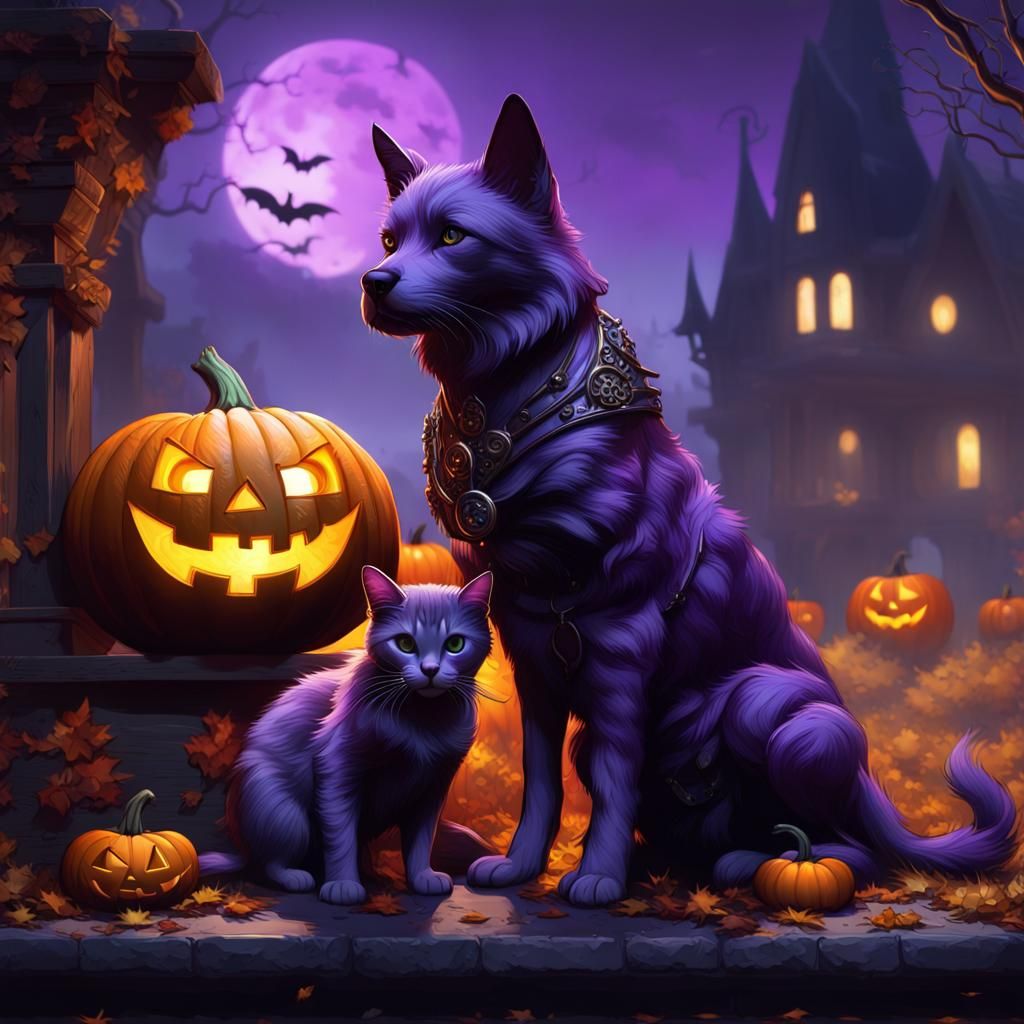 Halloween Night: Dog and Cat Fantasy Art