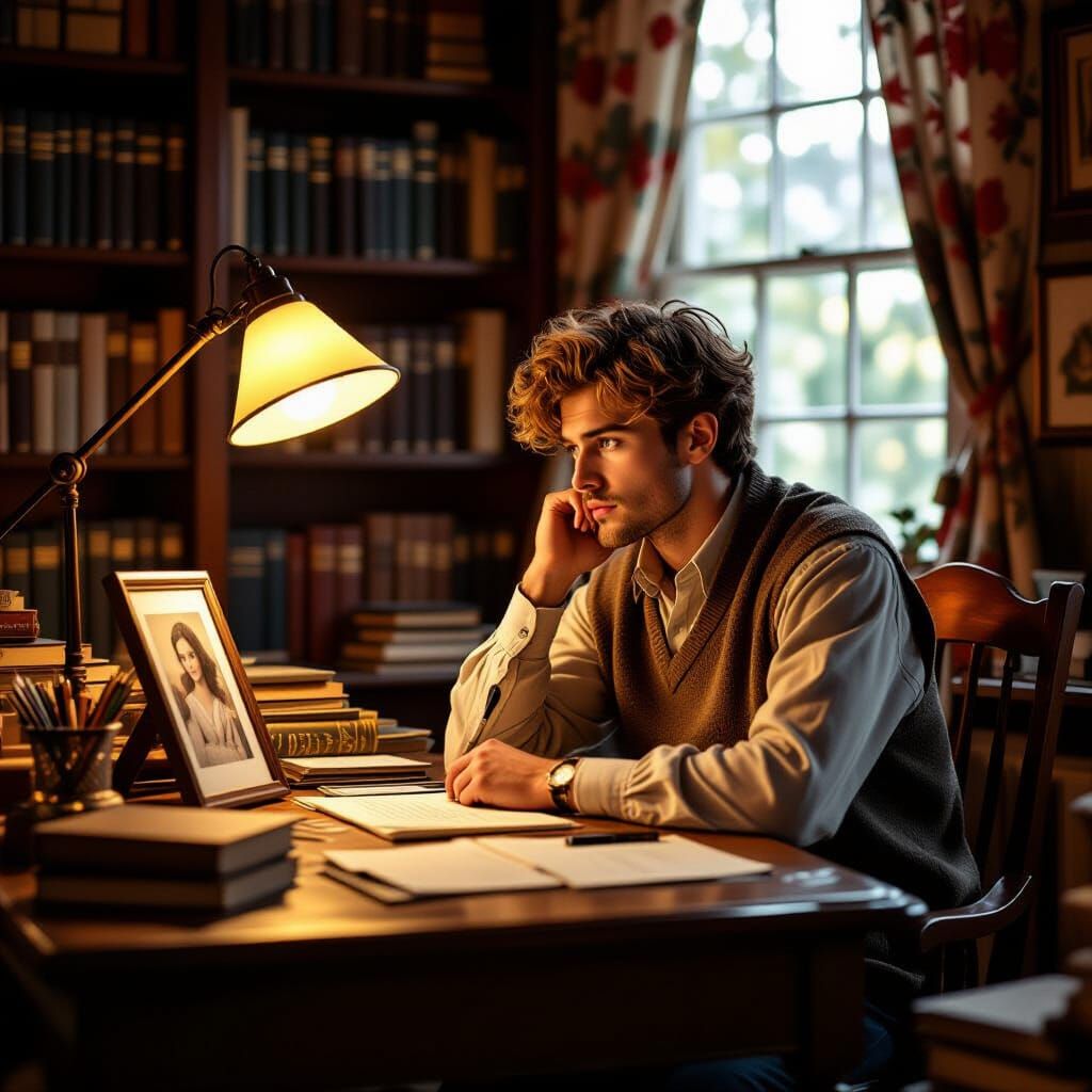 Man Lost in Thought at Cluttered Desk, Staring at Girlfriend...