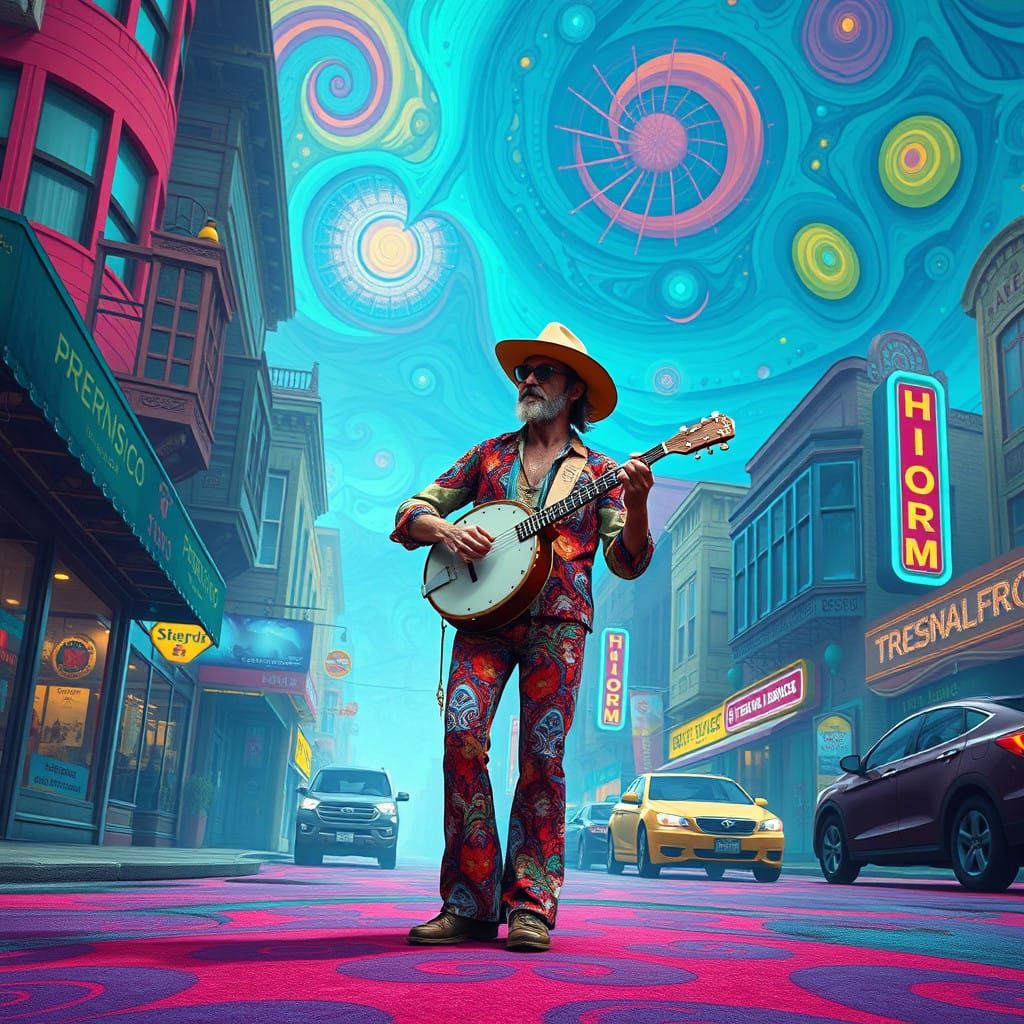 Hippie Banjo Player in Vibrant San Francisco Dreamscape