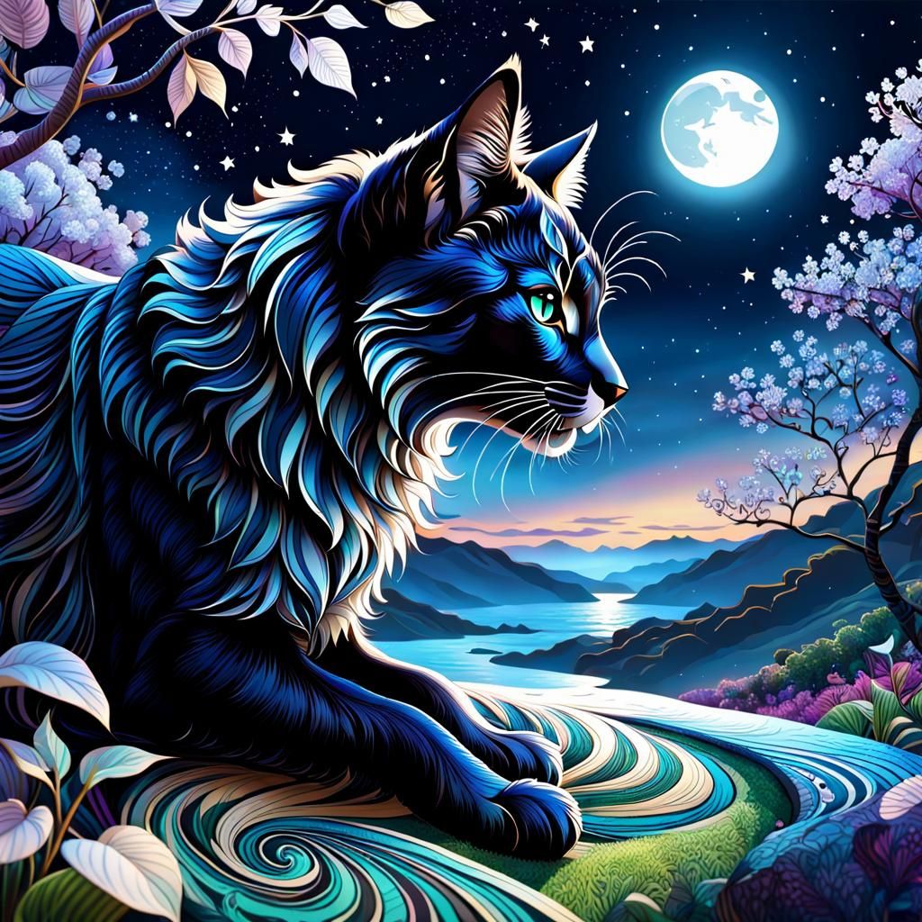 Zentangle Midnight Cat in Cosmic Astral Illustration