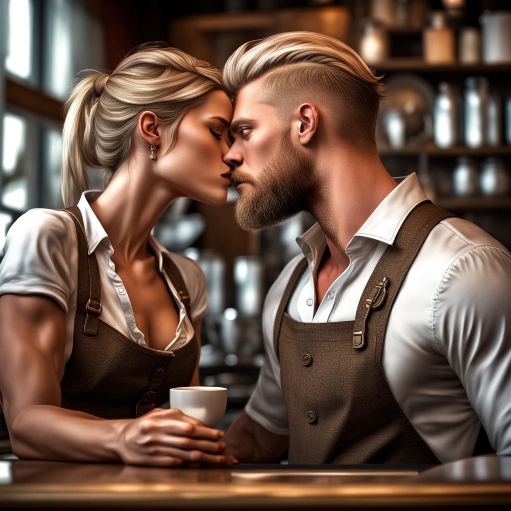 Viking and Barista Kiss: Hyperrealistic, High Contrast