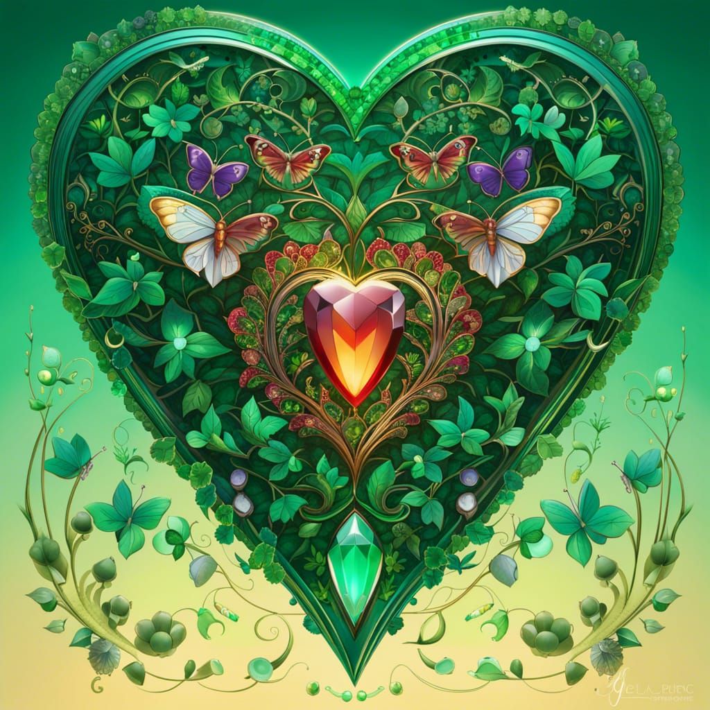 Emerald Gemstone Heart with Glowing Flora, Geometric Art
