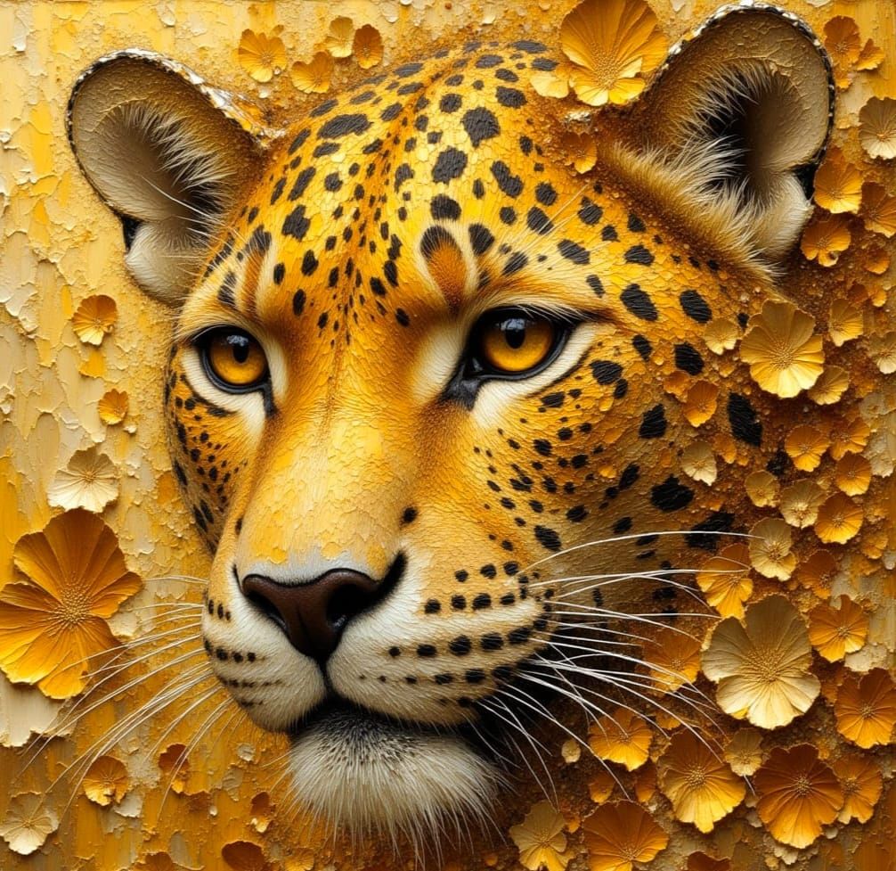 Leopard's Golden Gaze in Impasto Gold Leaf