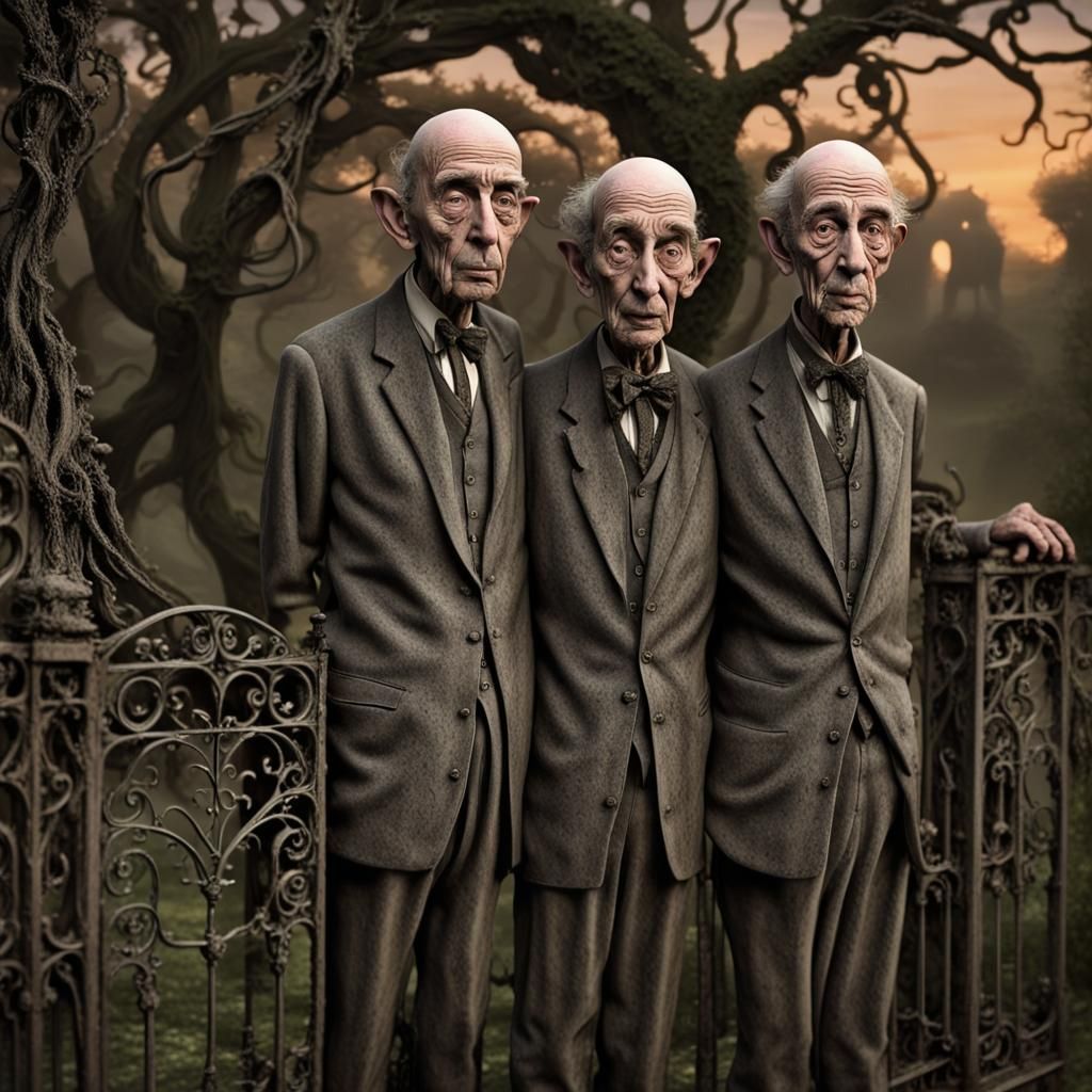 Two-Headed Man in Gothic Twilight, Whimsical Art Style