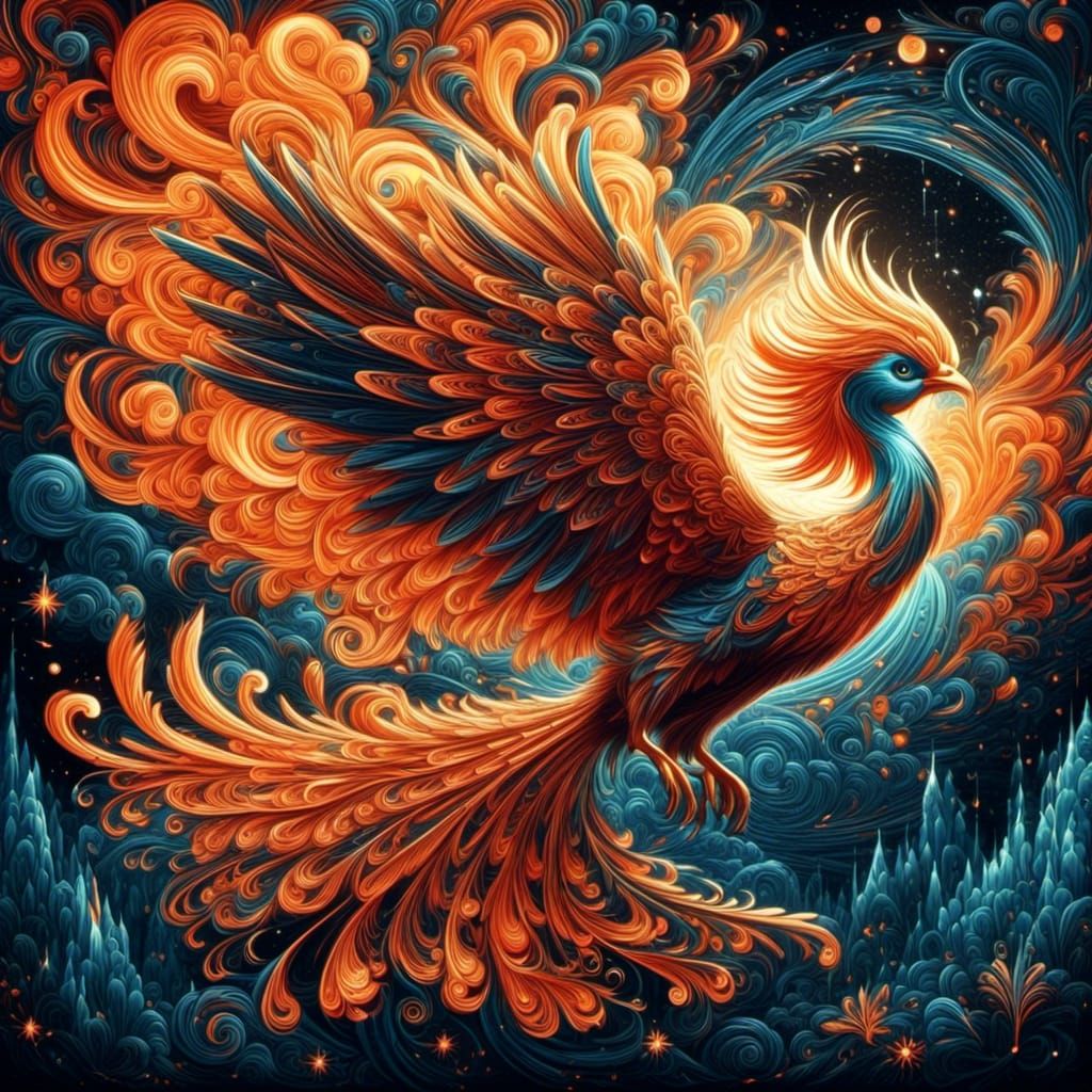 Luminous Firebird Ascending into Starry Night Sky