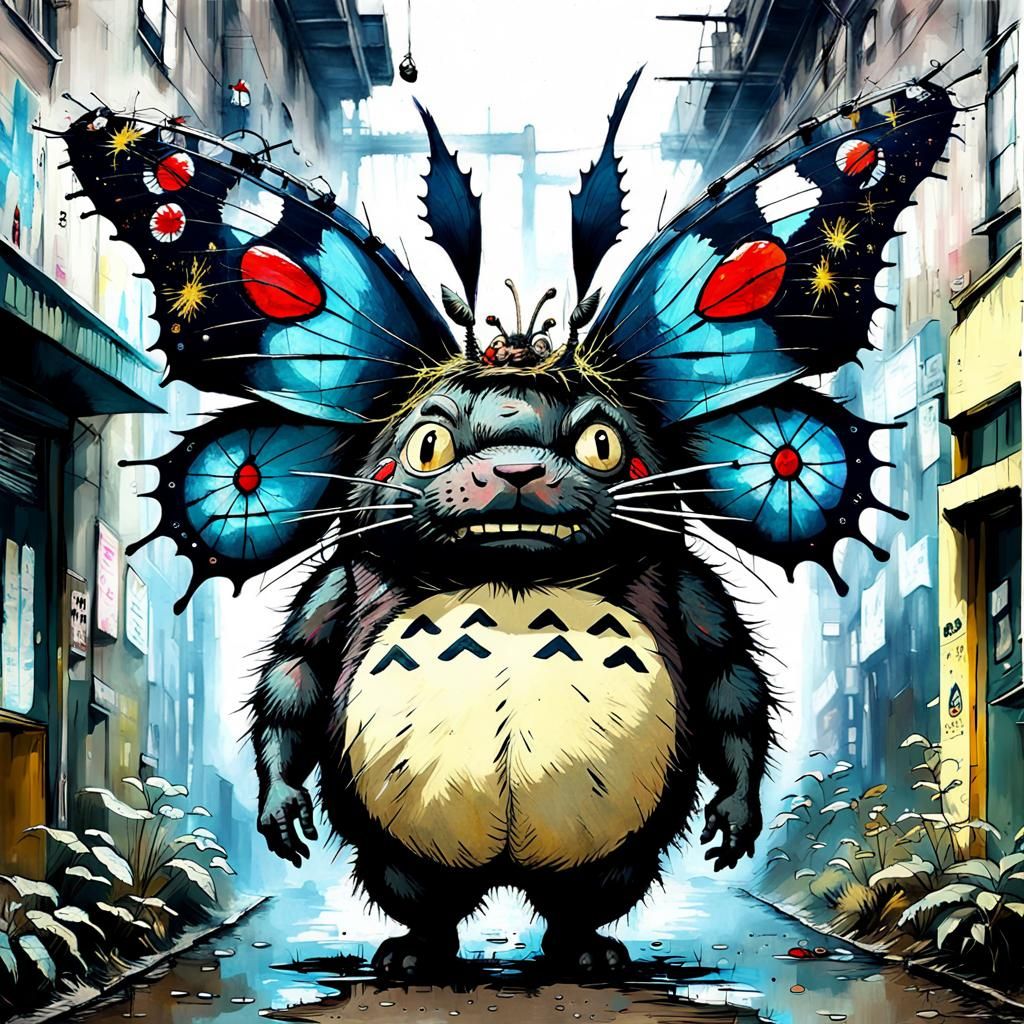 Surreal Totoro Butterfly in Dystopian Sci-Fi Style