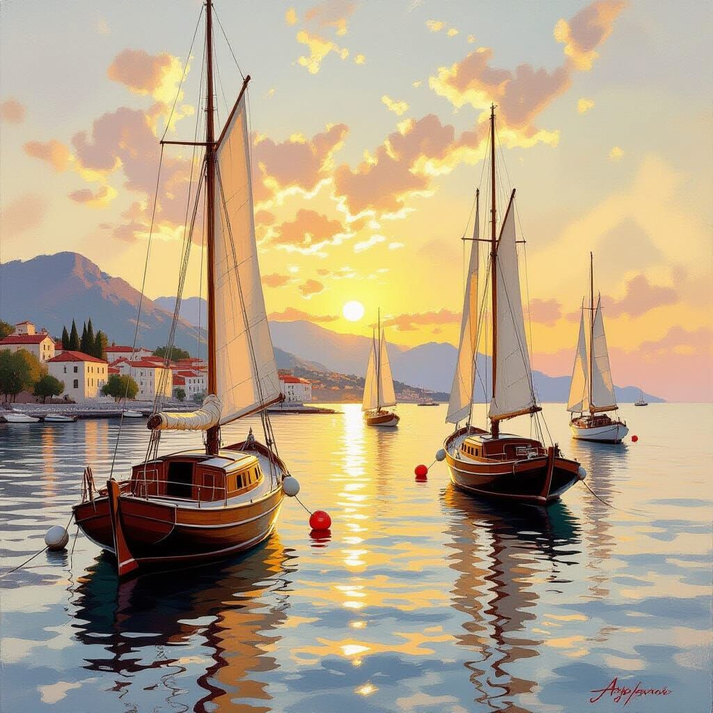 Italian Coastline with Sailboats in Realistic Painting Style