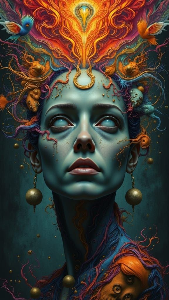 Mindscape of Emotions: A Contemplative Face Surrounded by Fe...