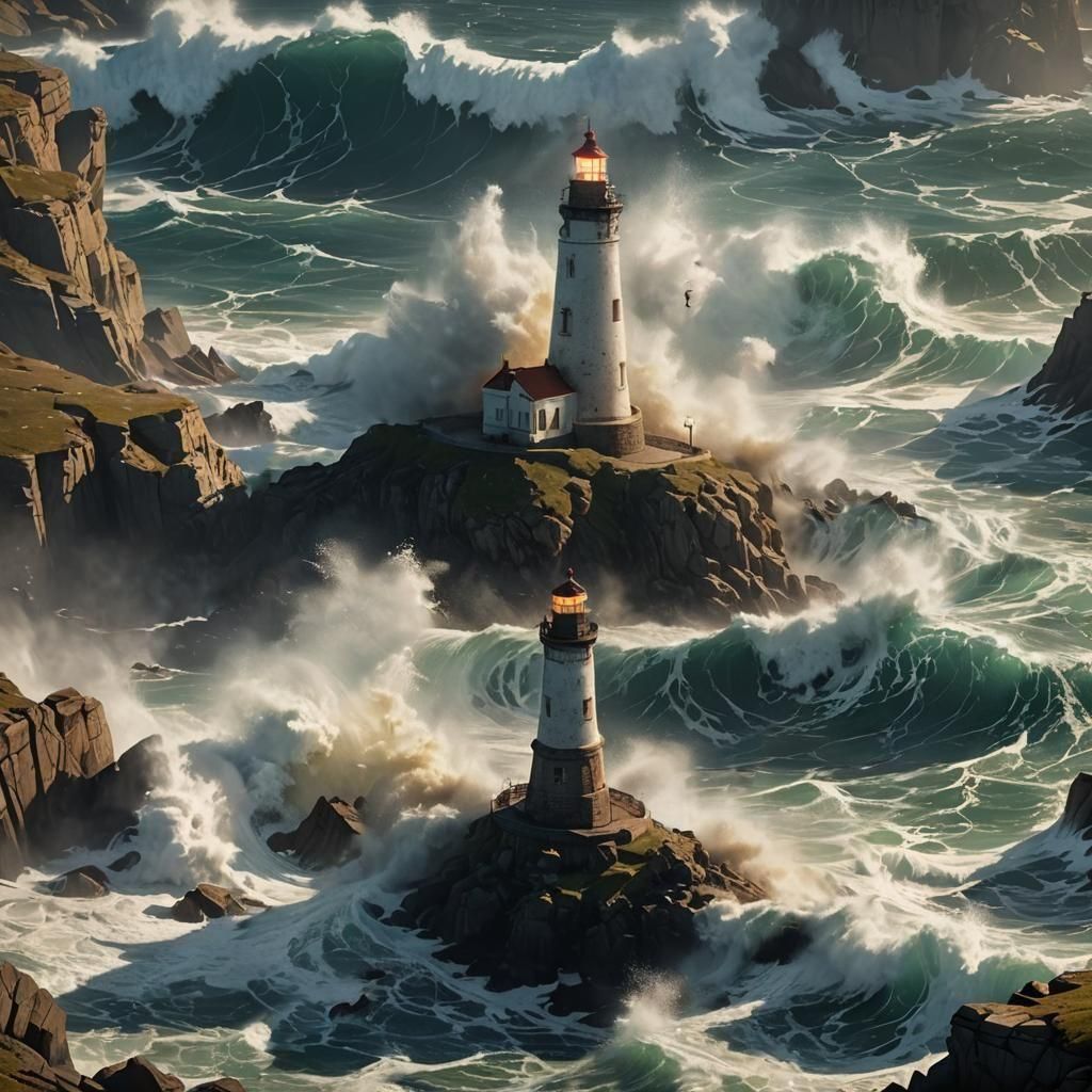Lighthouse Battling Breaking Waves in 3D Rendering