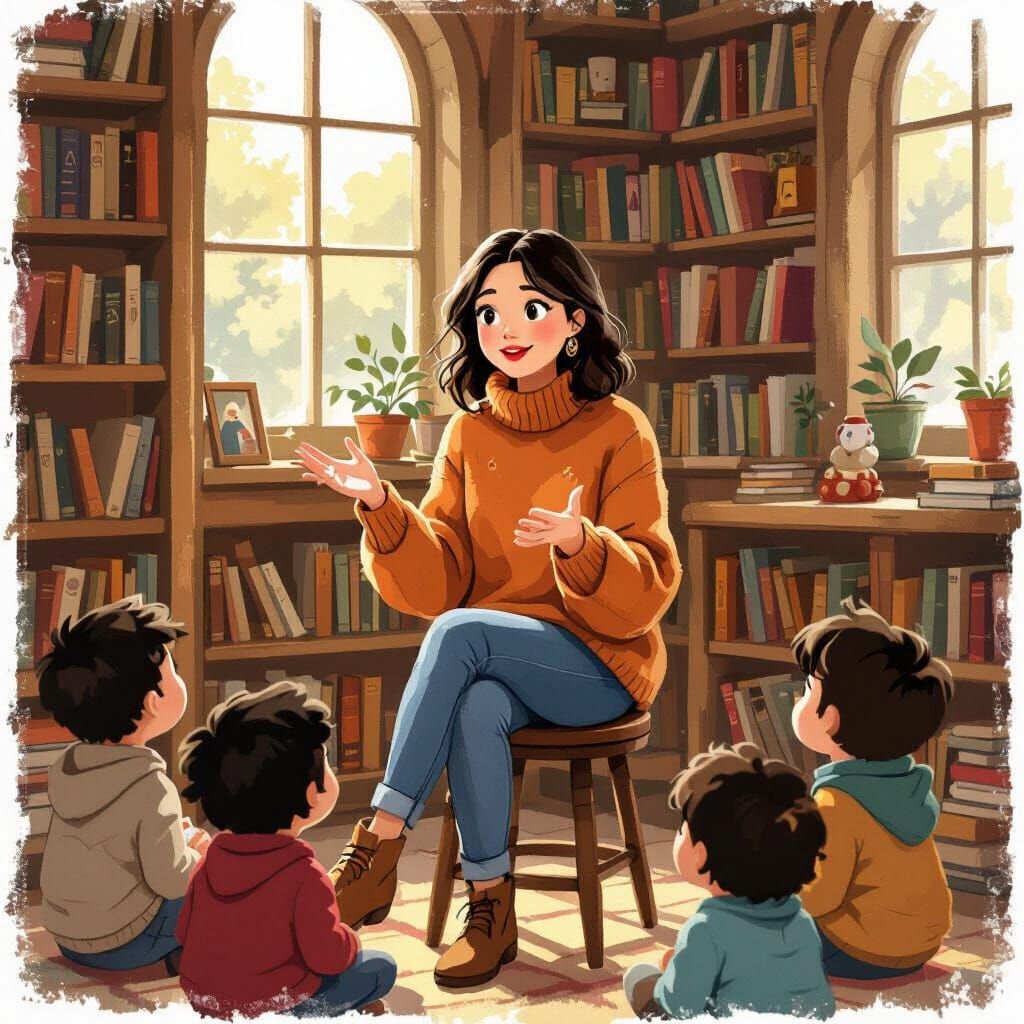 Storyteller in Library, Miyazaki and Garcia Style