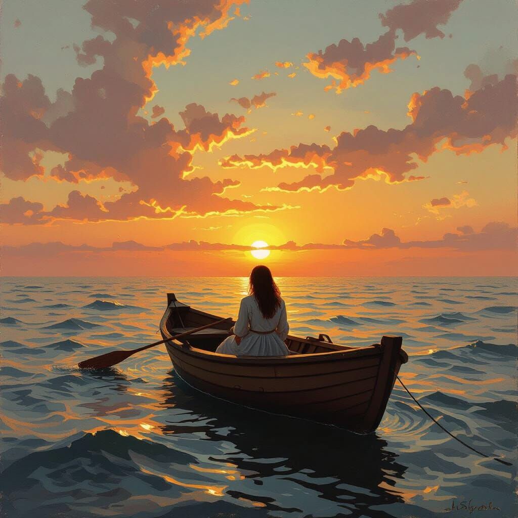 Woman in Boat at Sunset, Romantic Style