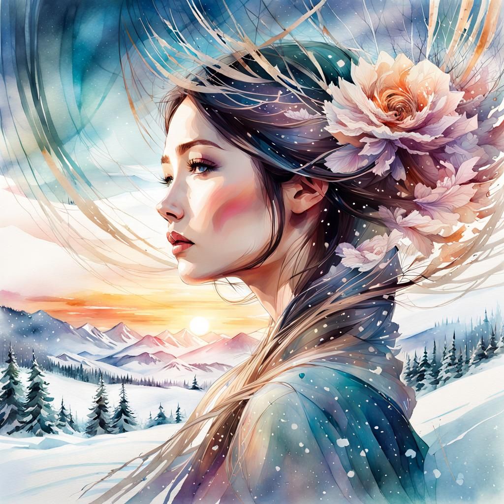 Winterscape Double Exposure in Watercolor Style