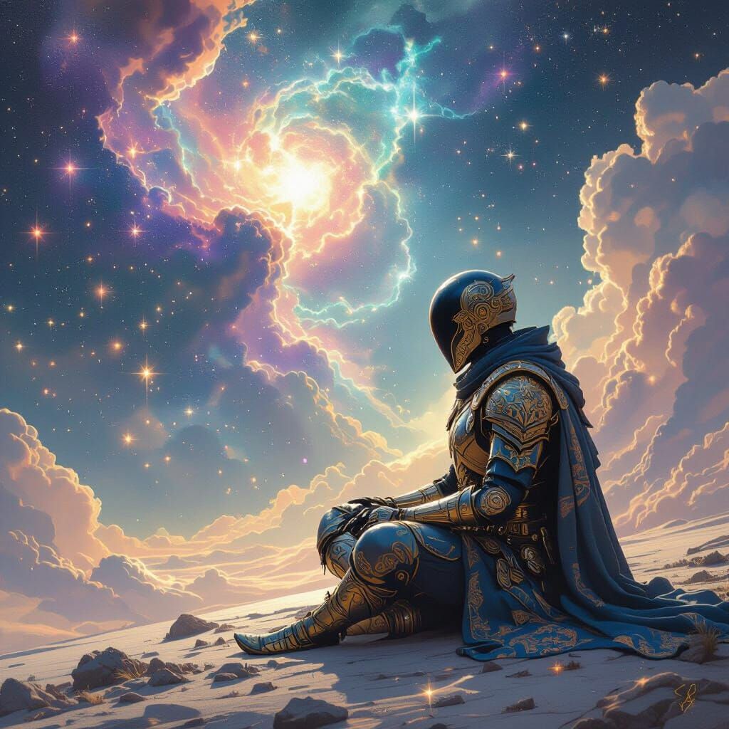 Celestial Warrior Meditating Under Nebula