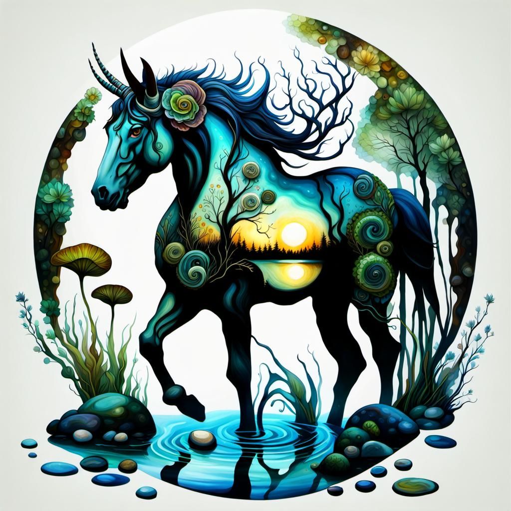 Horned Horse and Druid Child in Forest Glade