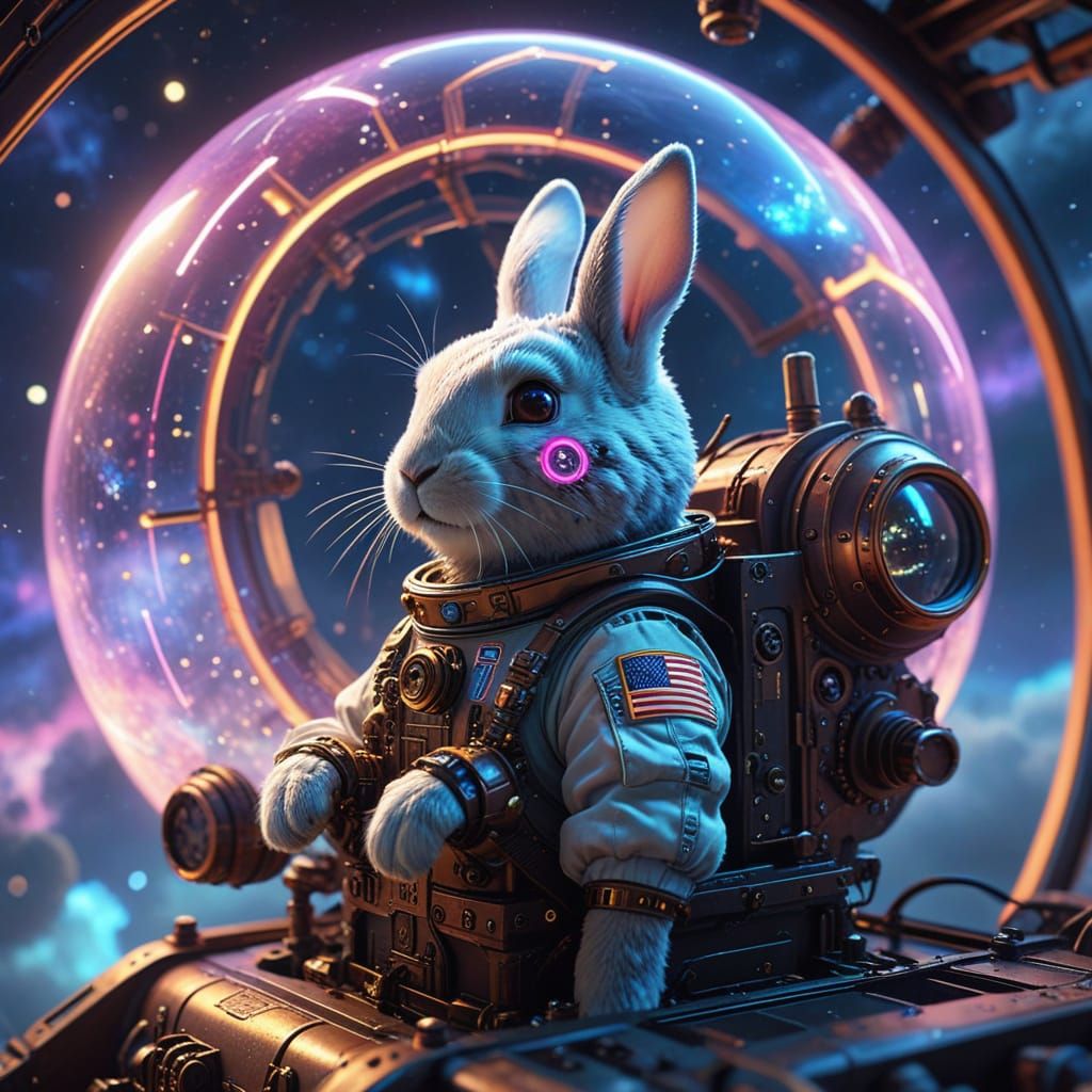 Rabbit Astronaut in Steampunk Spaceship, Anime Style