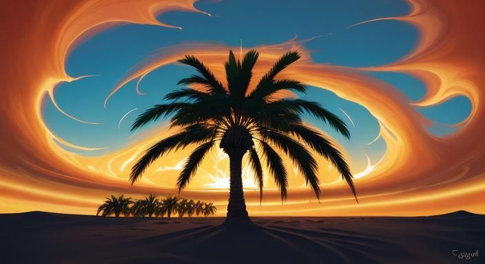 Surreal Desert Oasis: Palm Tree and Approaching Tornado