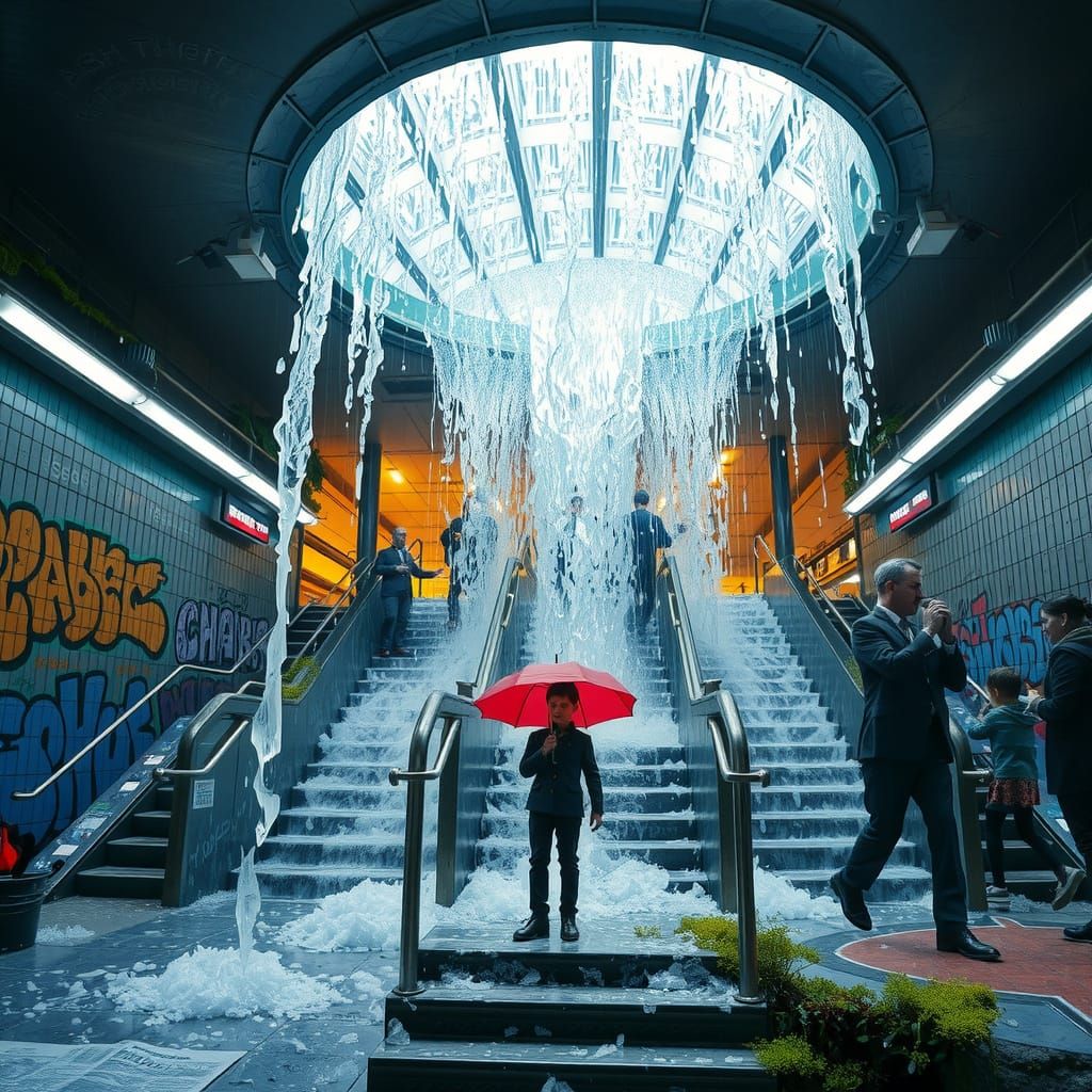 Subway Station Waterfall in Photorealistic Style