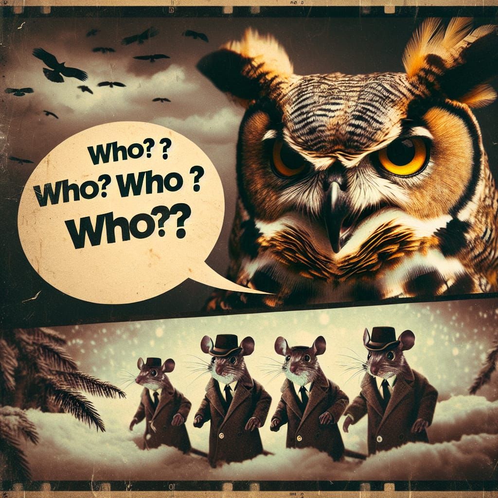 Menacing Owl Interrogates Mouse Detectives in Vintage Film
