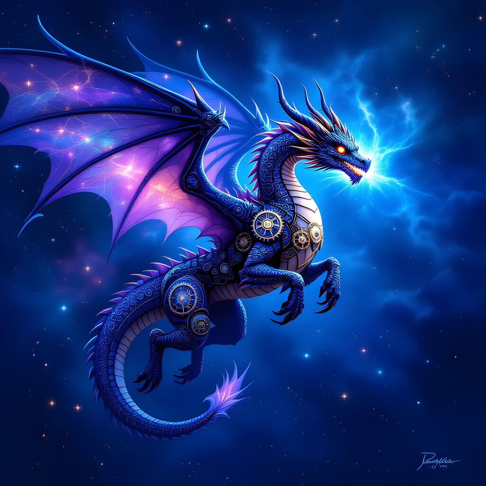 Clockwork Dragon Soars Through Nebula in Surreal Style