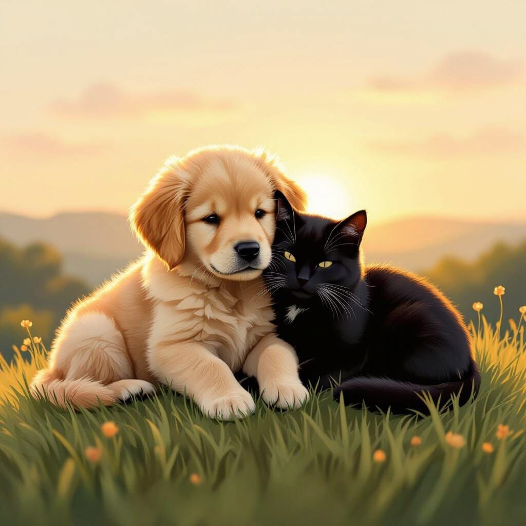 Puppy and Cat Snuggled on Hilltop at Sunset