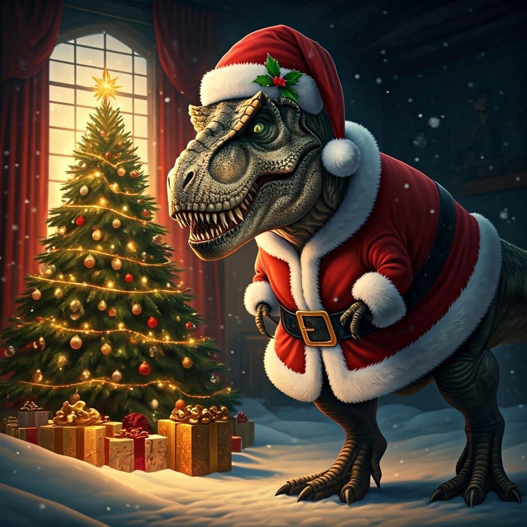 Majestic Tyrannosaurus Rex in Crimson Santa Suit, Standing i...