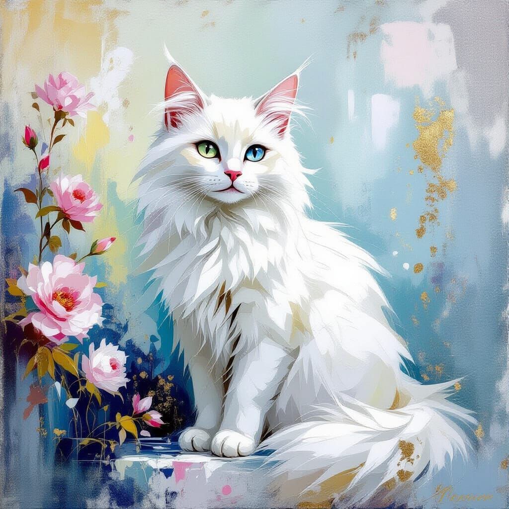 Metamodern White Cat Painting with Rococo and Impressionist ...