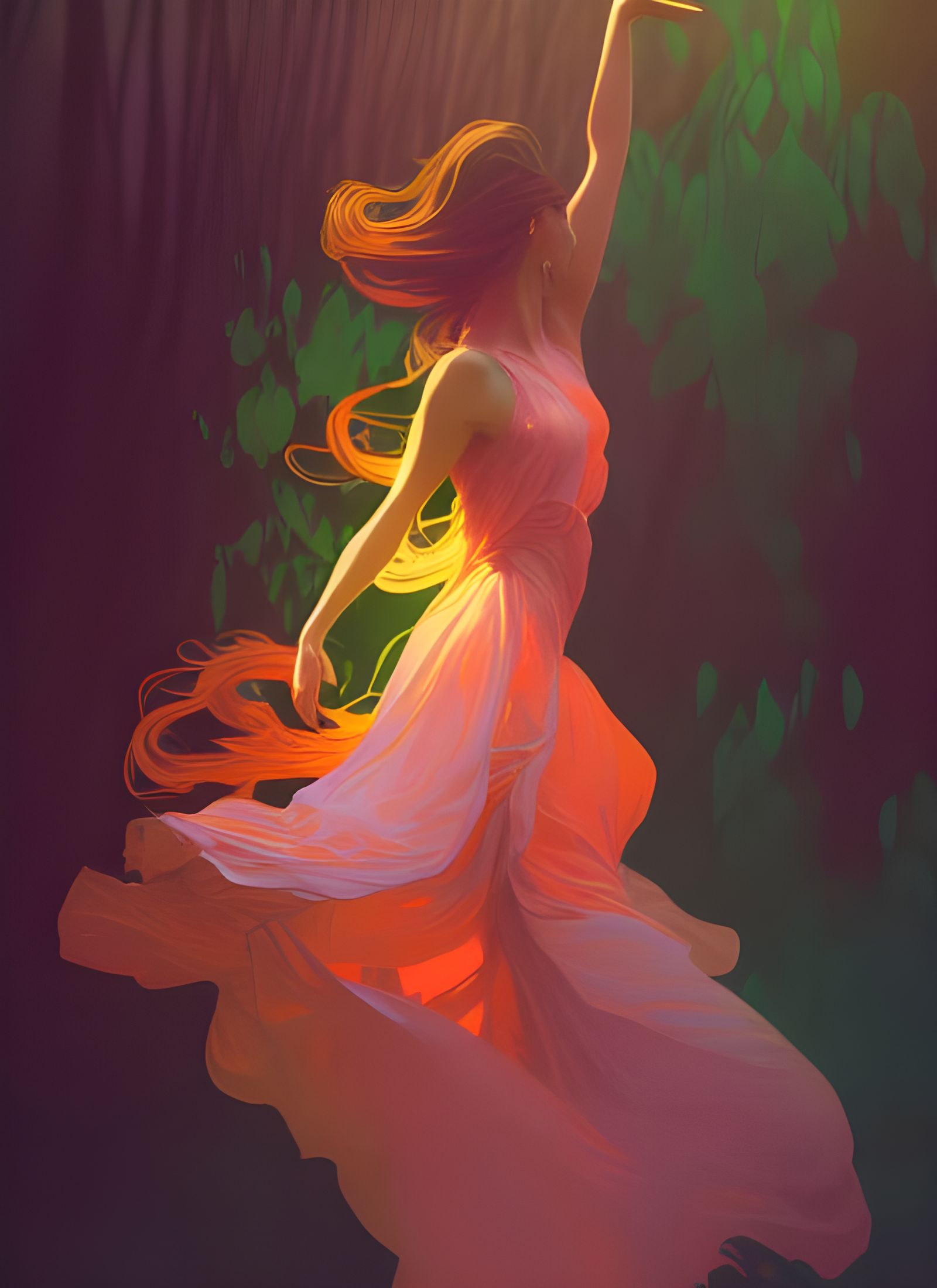 Woman Dancing in Woods, Digital Art Nouveau Illustration