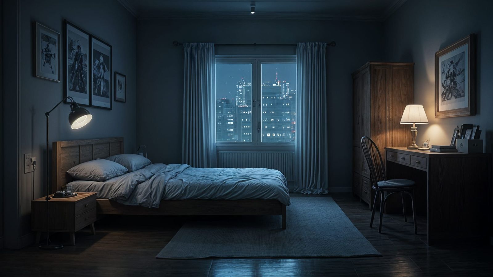 Military Bedroom at Night in a Cozy 3D Anime Art Style