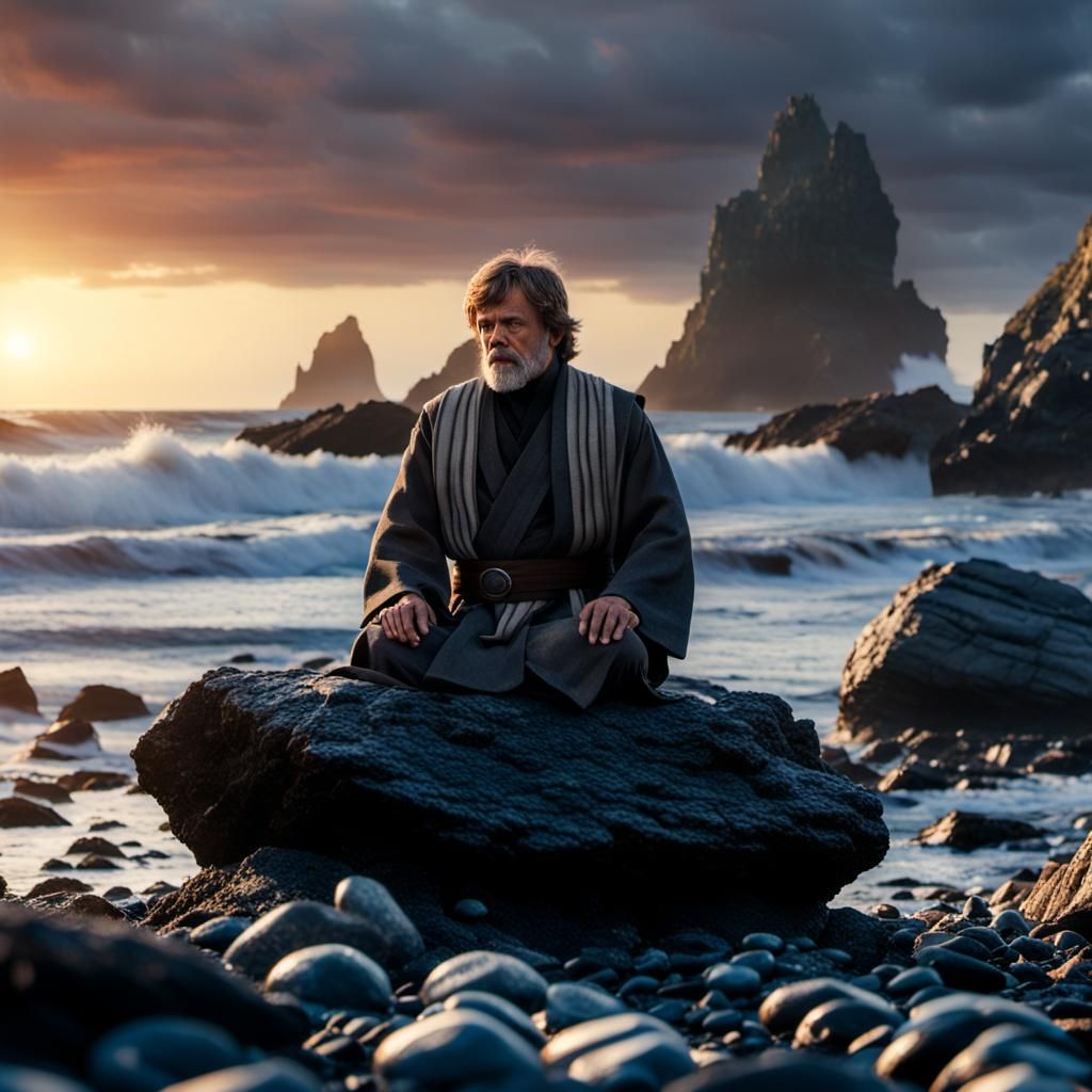 Luke Skywalker Meditates at Sunset: Hyper-Realistic Photogra...