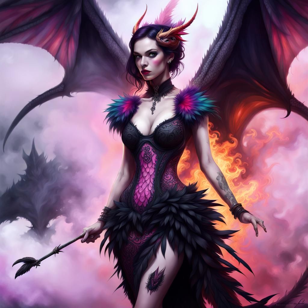 Gothic Dragon Lady in Feathered Dress