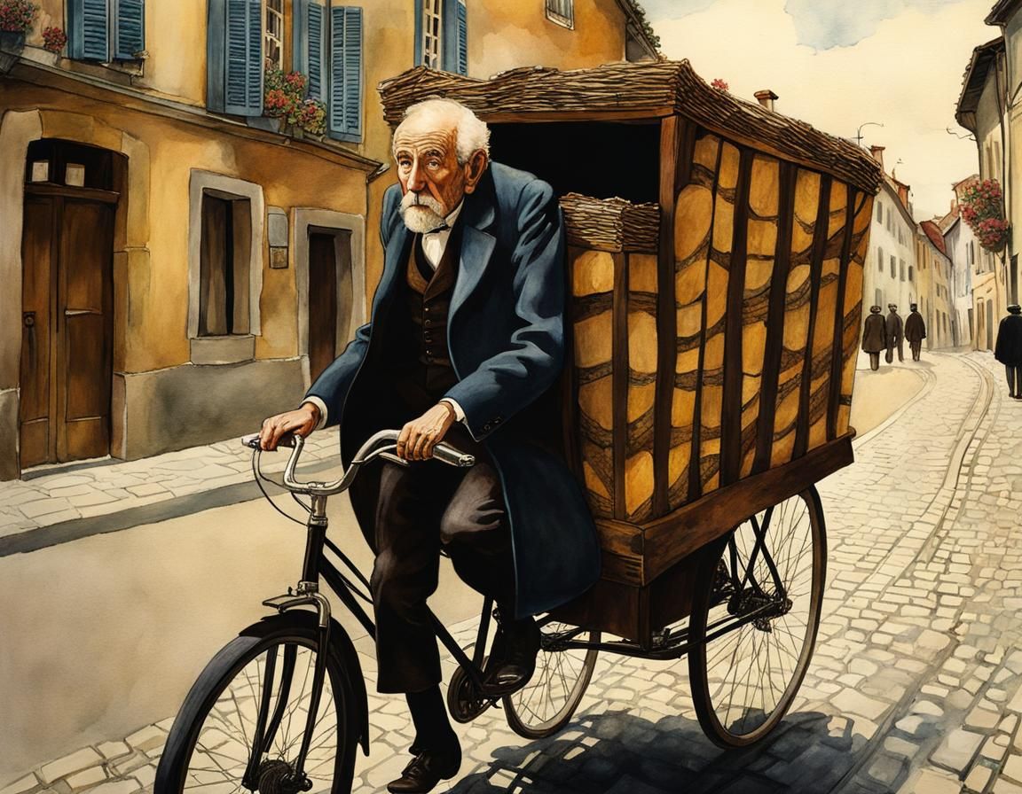Elderly Cyclist in French Town, Klimt-inspired