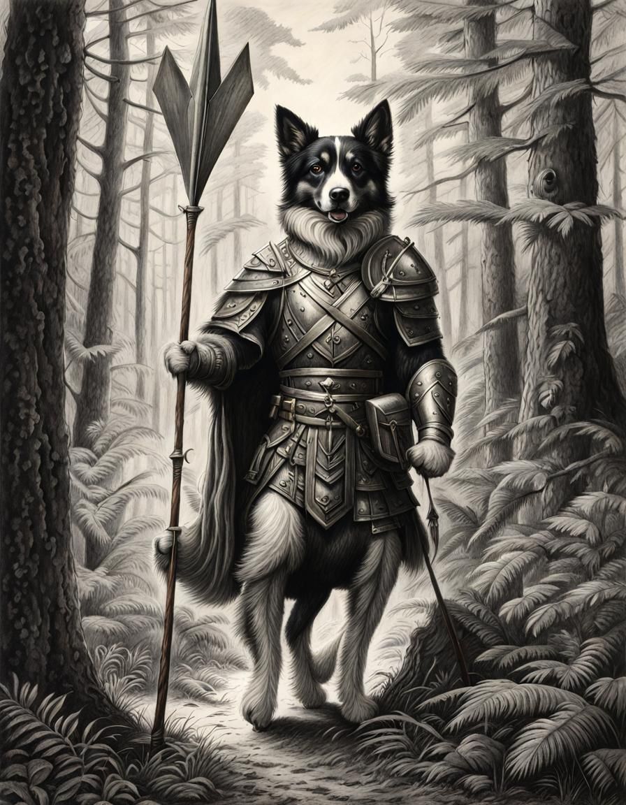 Dog Warrior with Spear: Hyperdetailed Charcoal Drawing