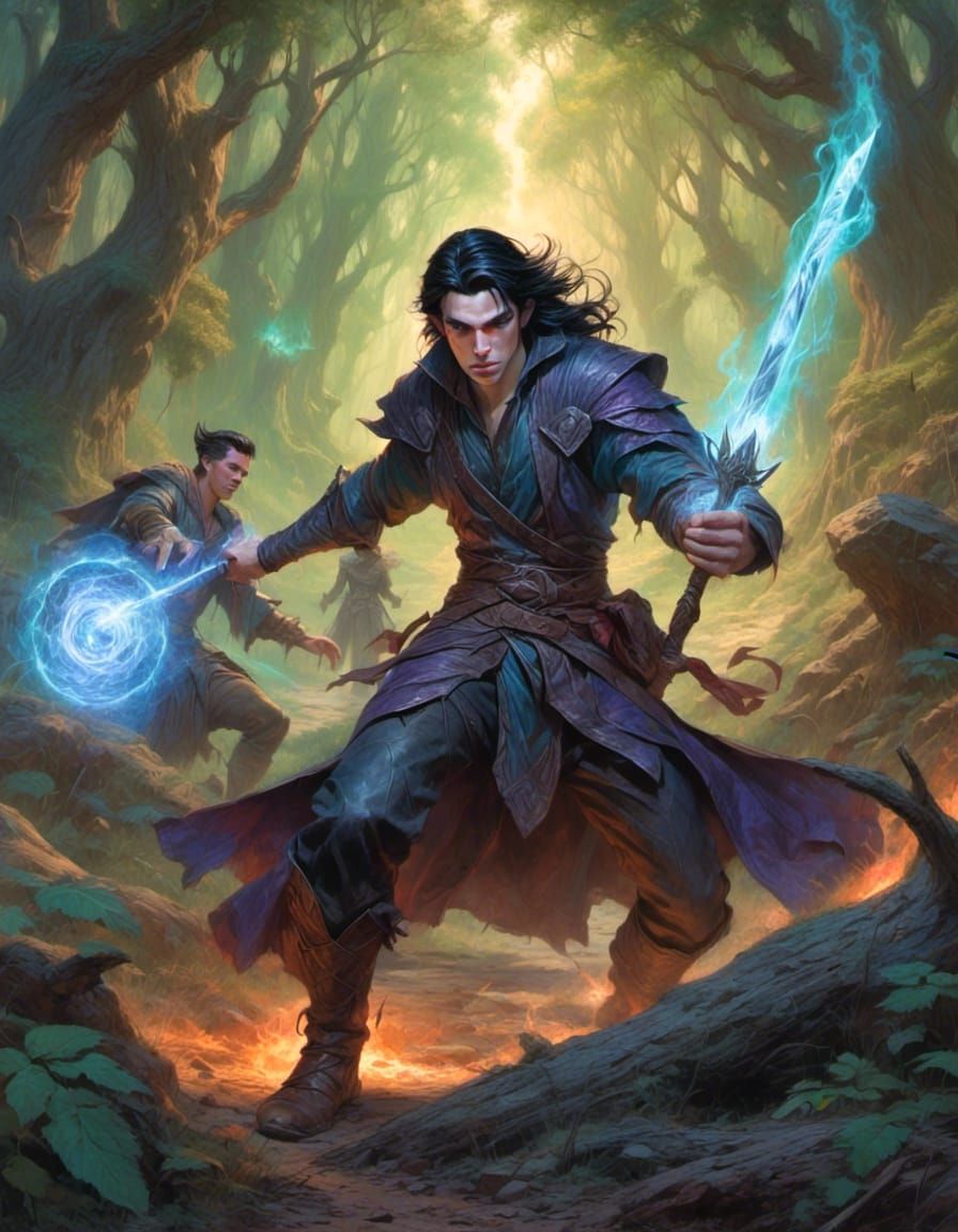 Wizard and Illusionist Fight Demonic Elf in Forest