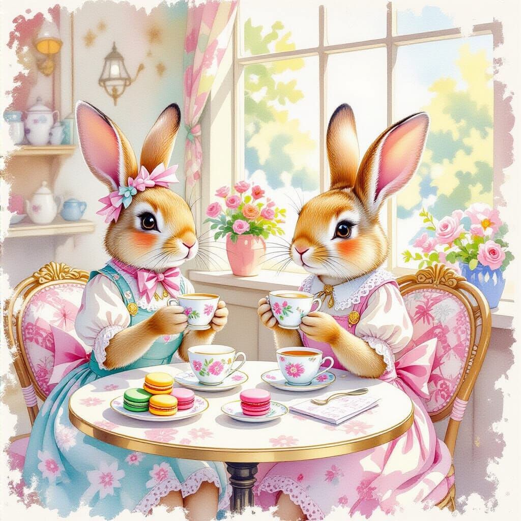 Anthropomorphic Bunnies in Shabby Chic Pastel Cafe