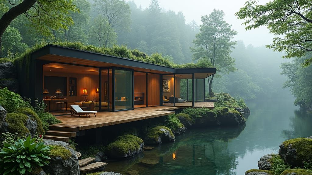 Modern Architecture in Misty Forest