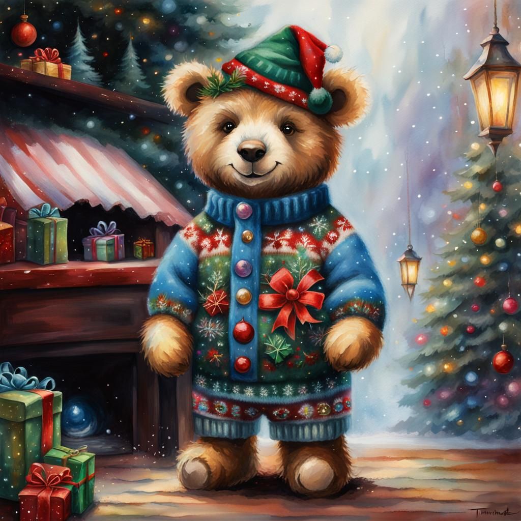 Happy Teddy Bear in Ugly Christmas Sweater