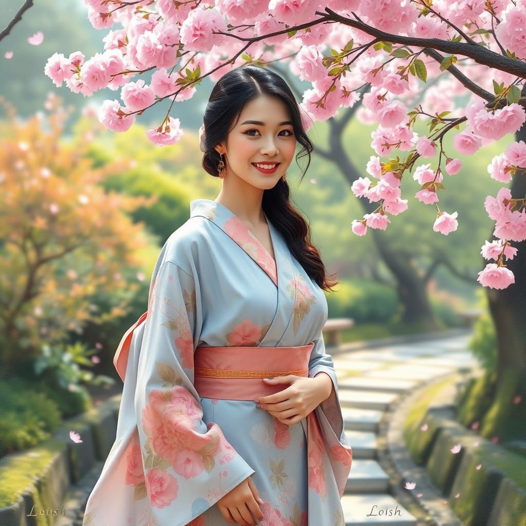 Woman in a Blue or Pink Floral Kimono Strolling Through a Ja...