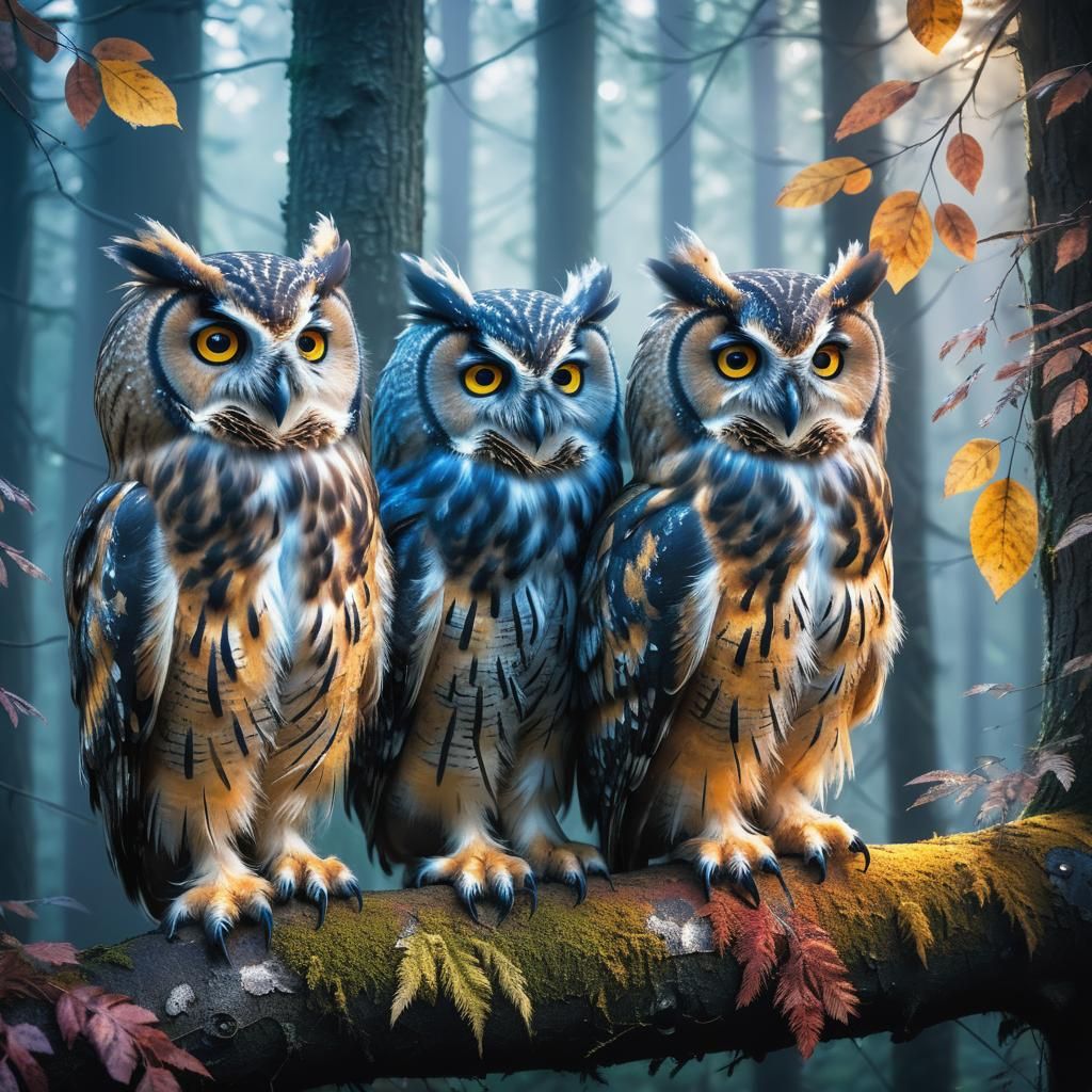 In Whimsical Light, Three Owls Perch in Forest Canopy